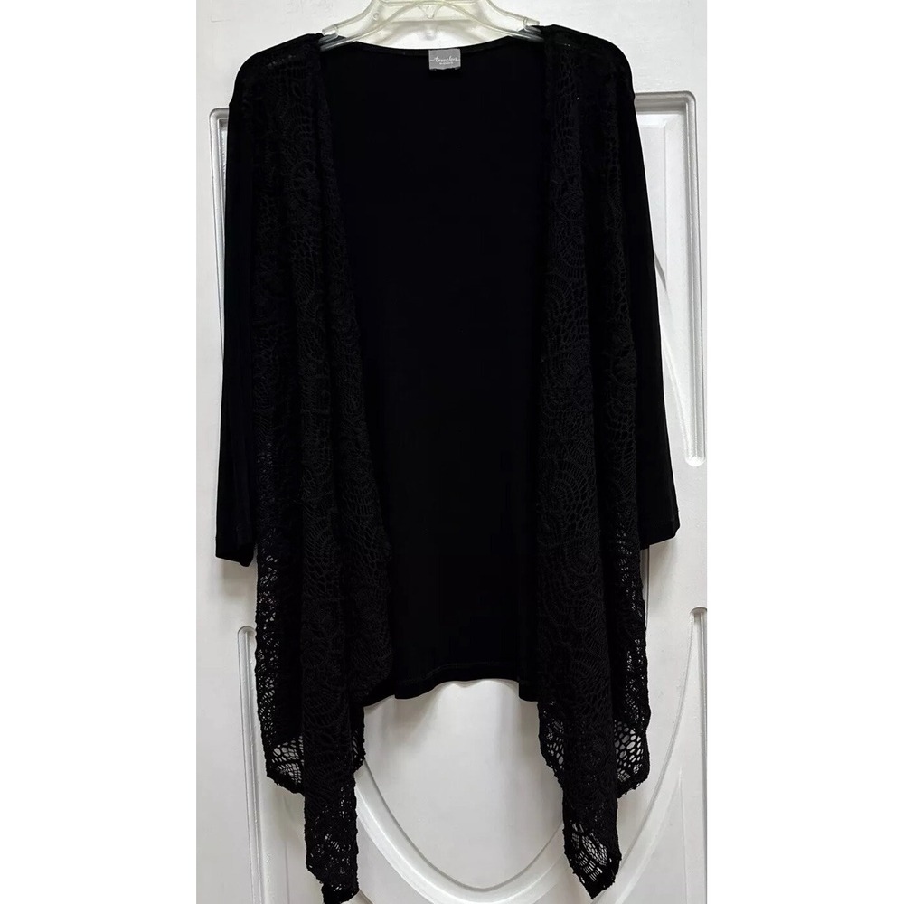 Chico's Travelers Size 2 Black Open Shawl Front‎ Jacket ~Lace Front Knit Stretch
